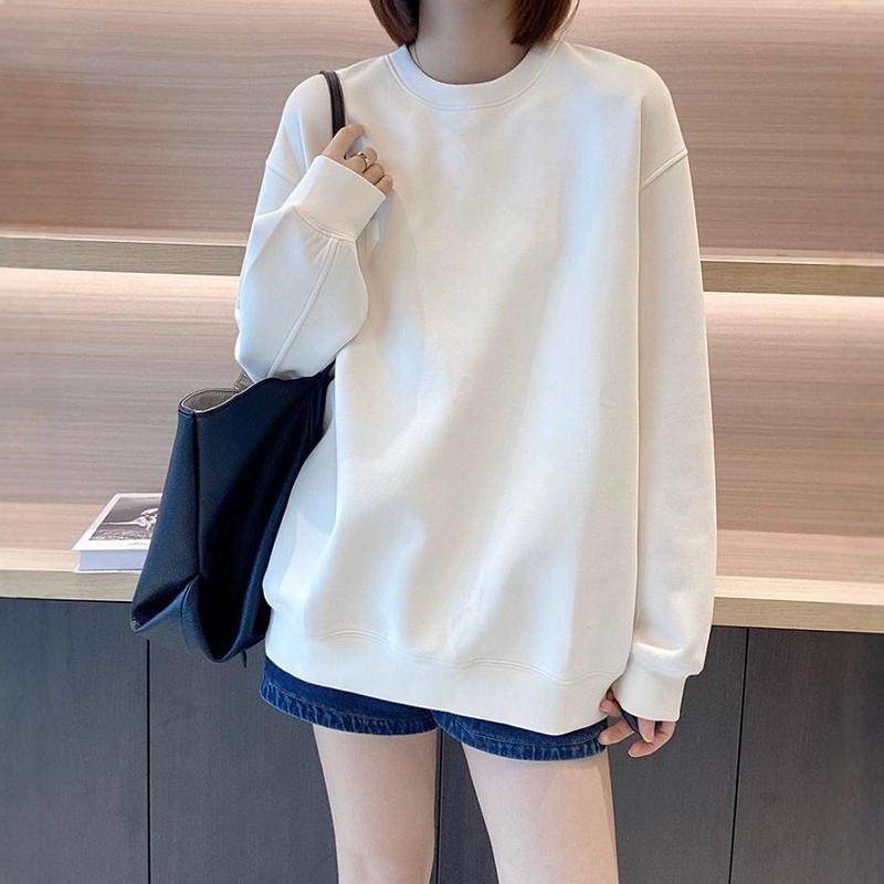 白色长袖纯棉卫衣女2024春秋冬新款慵懒风宽松中长款休闲打底上衣