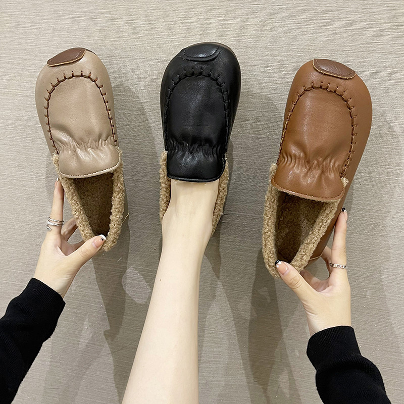 加绒小皮鞋女平底舒适一脚蹬防水棉E鞋秋冬薄绒女鞋防滑软底孕妇