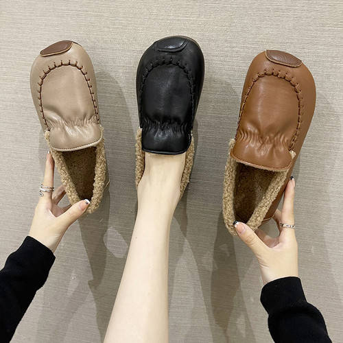 加绒小皮鞋女平底舒适一脚蹬防水棉E鞋秋冬薄绒女鞋防滑软底孕妇
