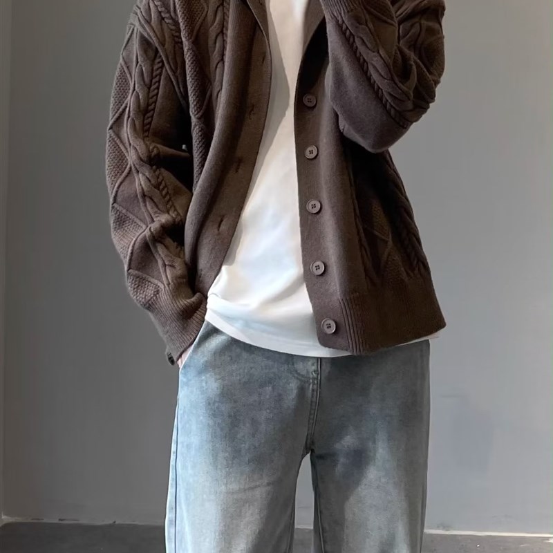 秋冬季立领针织开衫男宽松百搭保暖纯色毛衣简约韩版毛衣外套男