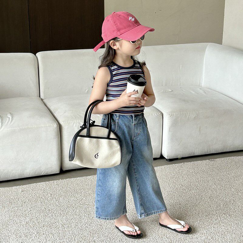 女童条纹背心夏季新款复古外穿2024夏款儿童吊带薄款百搭牛仔裤子