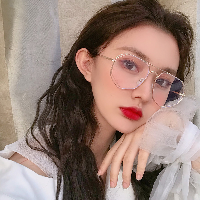 网红款眼镜女复古多边形金属镂空平光镜男L韩版潮人素颜神器眼镜
