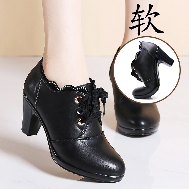 秋冬真皮粗跟女i鞋高跟鞋深口单鞋女中跟女士皮鞋中年妈妈鞋防滑
