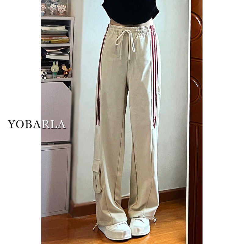 美式运动休闲裤女春秋高腰大码胖mm宽松显瘦梨形身材直筒阔腿卫裤