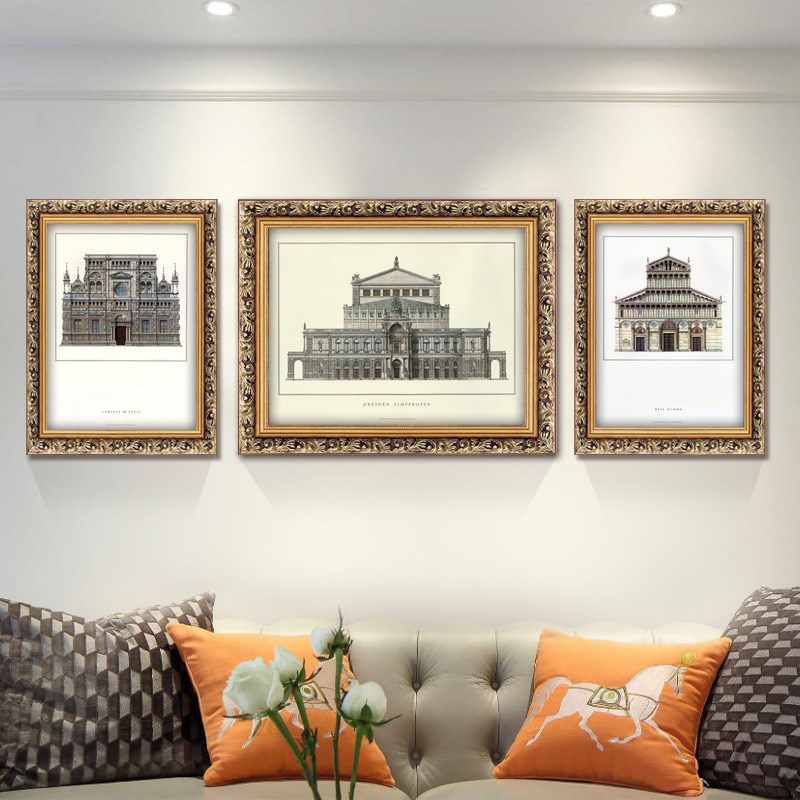 美式装饰画客厅三联画沙发背景墙挂画卧K室玄关油画简欧式建筑壁图片