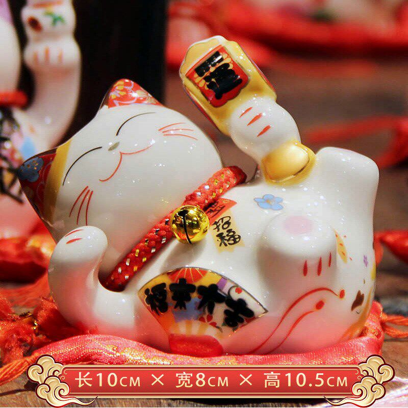 3寸迷你招财猫摆件 工艺品v桌面躺猫陶瓷小摆件创意送礼陶瓷招财