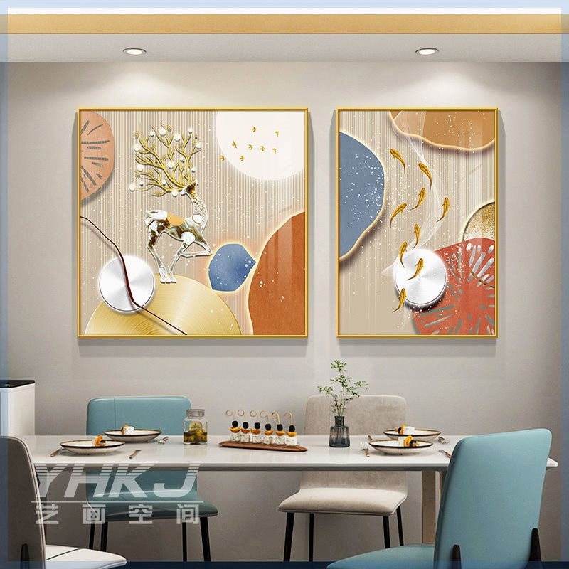 福禄招财餐厅装饰画轻奢饭厅餐桌墙上面挂画现代简约歺厅两联壁画