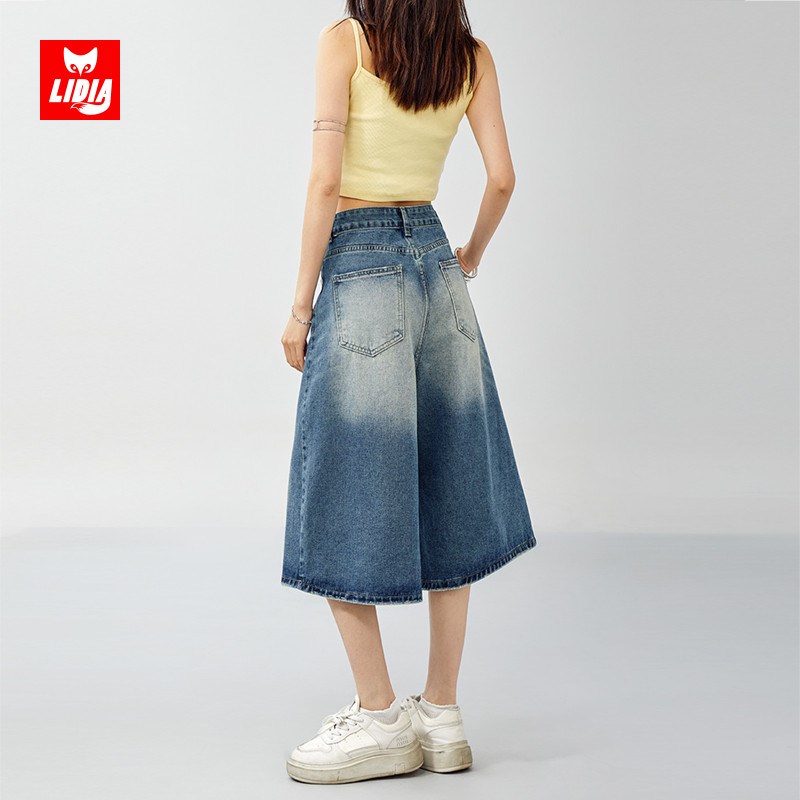 复古水洗做旧阔腿牛仔短裤女夏2025新款高腰宽松显瘦直筒七分裤子
