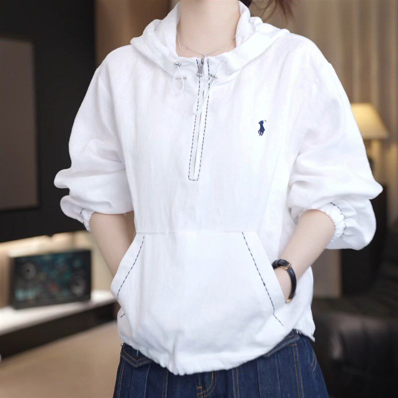 老钱风白色长袖连帽防晒T恤衫2025新款小个子减龄空调衫上衣女款