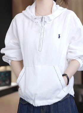 老钱风白色长袖连帽防晒T恤衫2025新款小个子减龄空调衫上衣女款