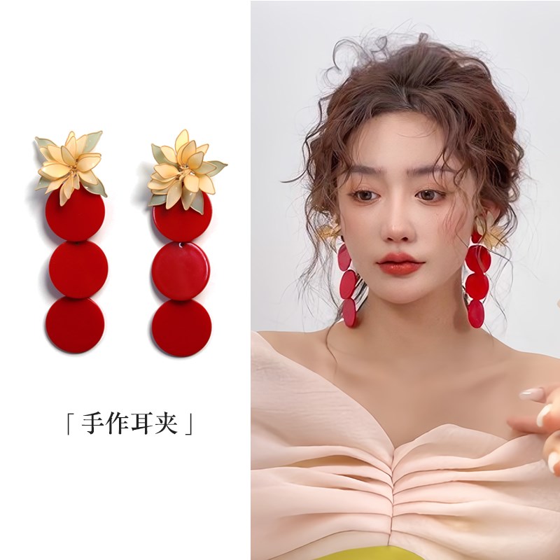 喜看手作花瓣耳夹耳饰新娘结婚跟妆婚纱礼服晨跑造型时尚气质饰品