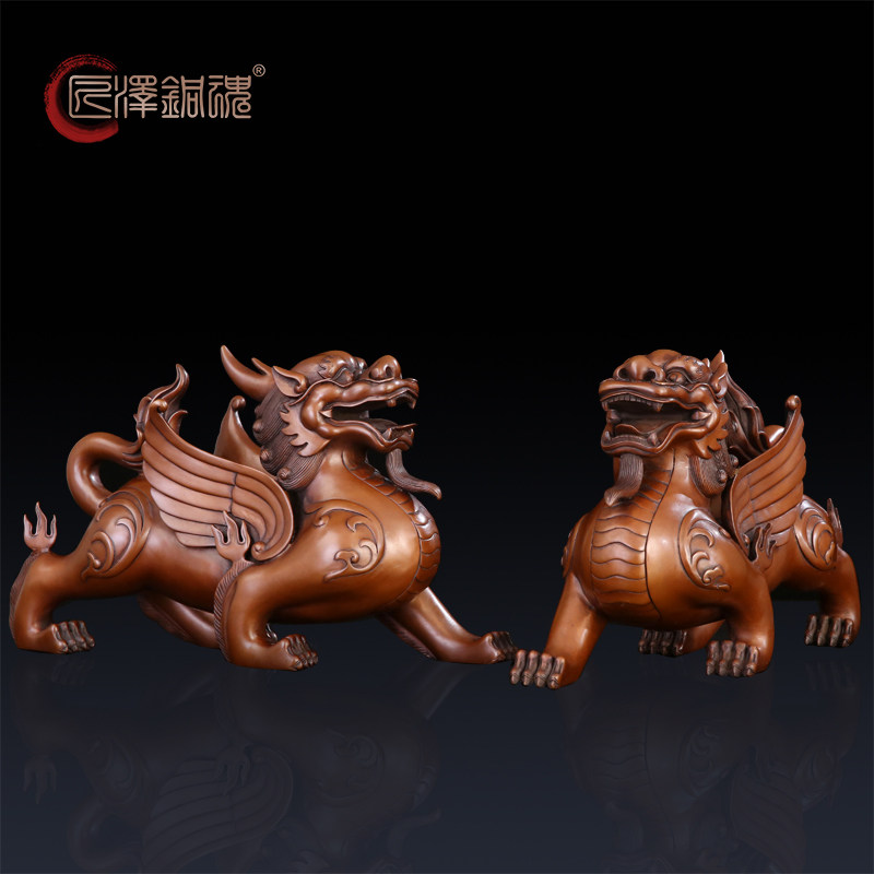 匠泽铜魂 紫铜独角瑞兽一对瑞兽貔貅客厅家居装饰摆件