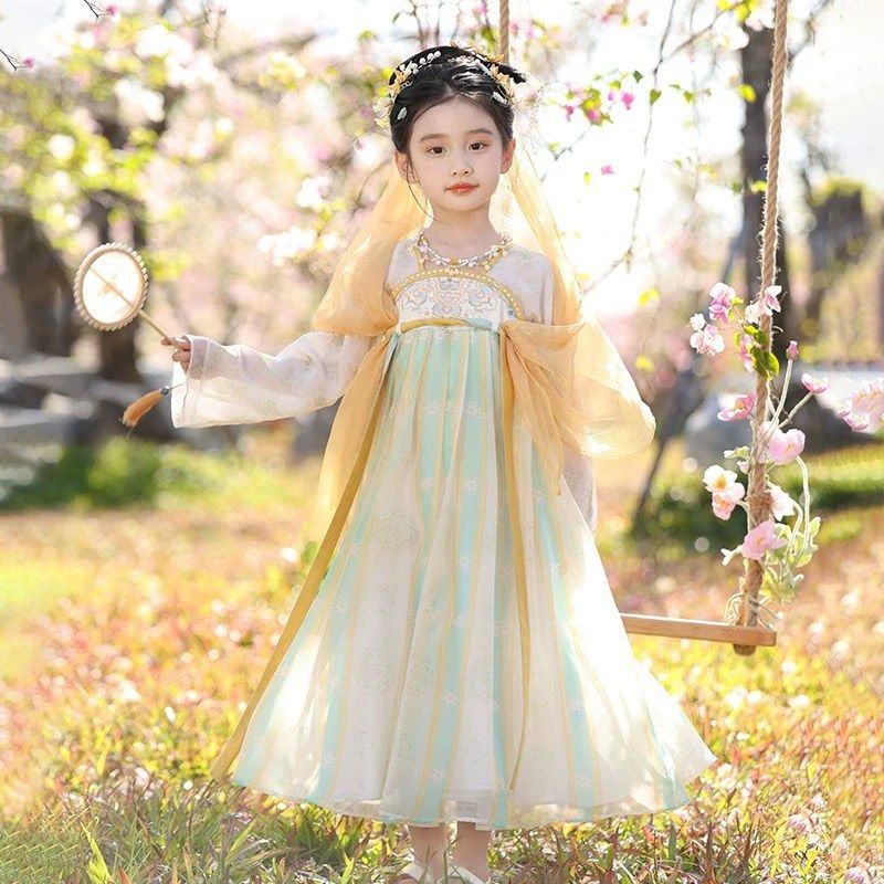 2025年女童汉服长袖轻薄连衣裙子女宝儿童古风唐代唐襦裙新中式黄