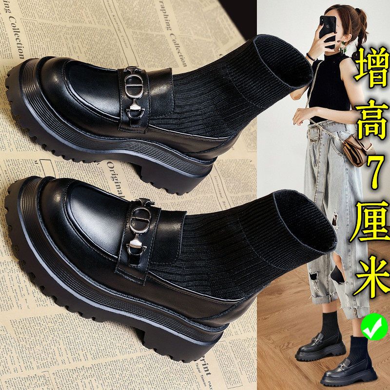 真皮内增高马丁靴女2022年新款连袜靴英伦风厚底袜子短靴春秋单靴