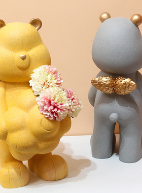 创意爆米花云朵磨砂天使熊捧花客厅桌面摆件抱花熊玄关酒架装饰品