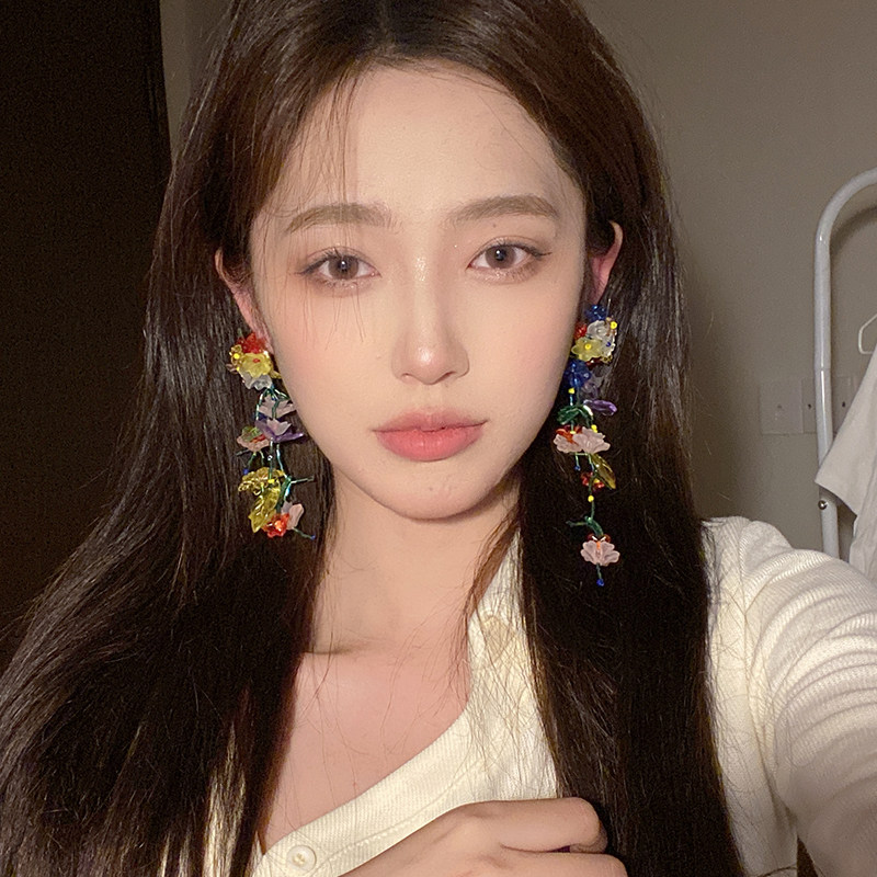 个性设计感彩色繁花手工编织耳钉女春夏串珠花朵叶子耳坠长款耳环