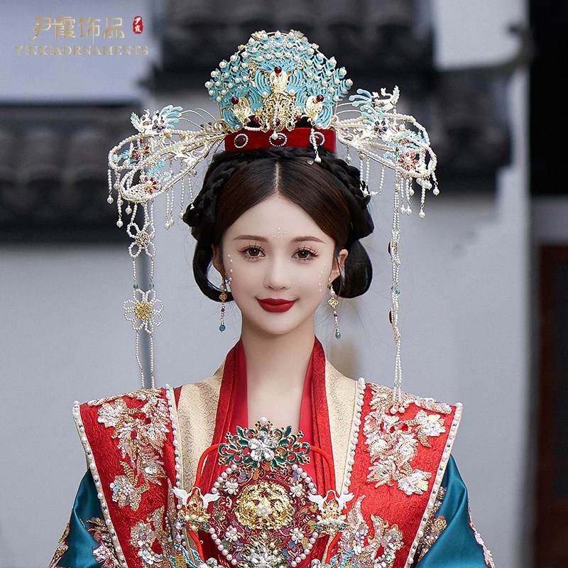 明制汉服凤冠中式婚礼汉婚发冠中式新娘头饰宋制新款蓝色奢华重工