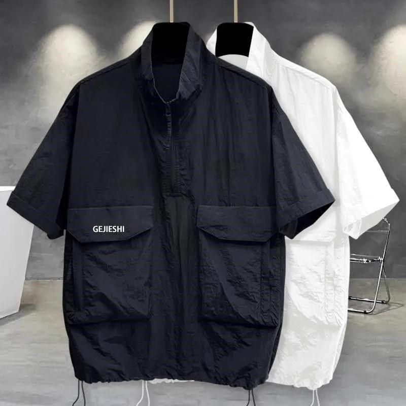 特大码300斤半拉链立领短袖T恤女男夏季工装立体口袋宽松休闲体恤