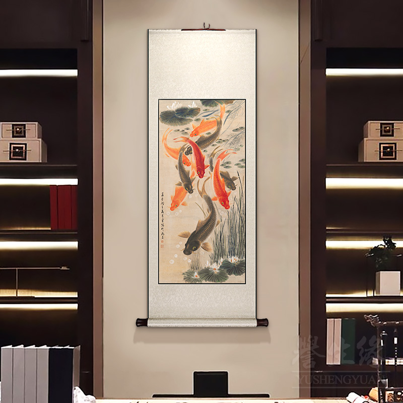 卷轴挂画竖版九鱼图玄关t装饰画新中式客厅过道壁画饭厅书房墙画图片