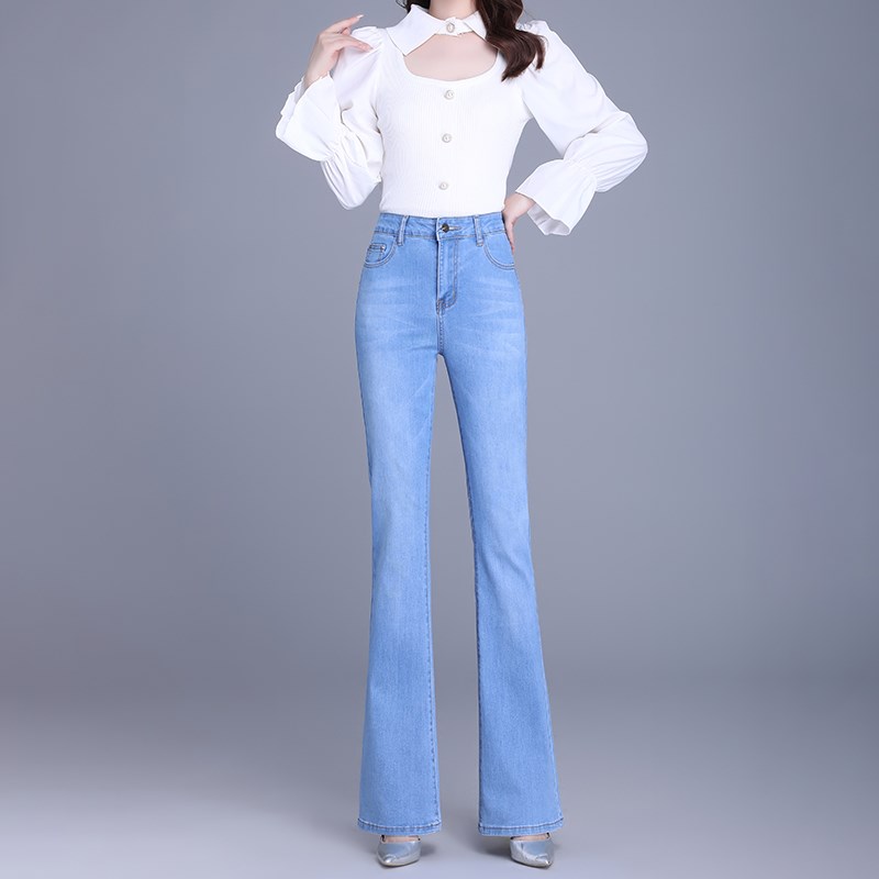 春季新款高腰微喇牛仔裤女浅蓝色时尚喇叭裤弹力显瘦女裤妈妈裤子