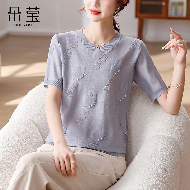 母亲节妈妈夏装薄款短袖针织T恤衫两件套装中年女纯色小衫上衣40