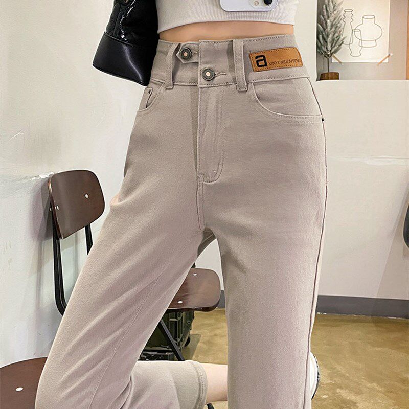 卡灰色烟管裤女2025春夏新款高腰修身显瘦小个子八九分直筒牛仔裤