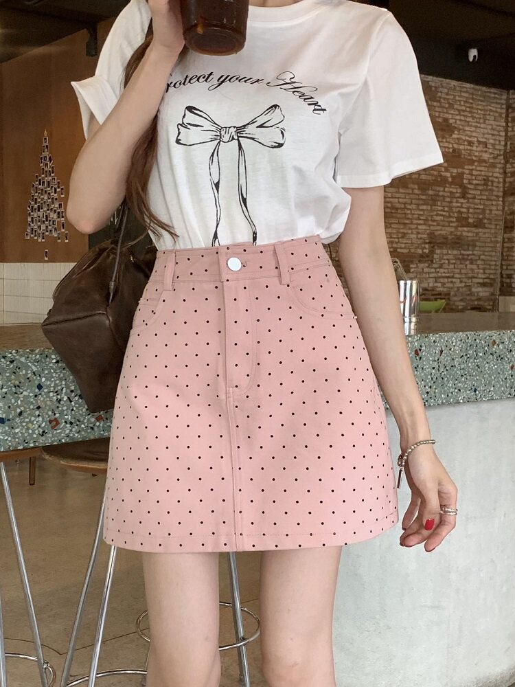韩版甜美波点牛仔A字裙女夏季新款大码高腰显瘦半身裙碎花短裙子