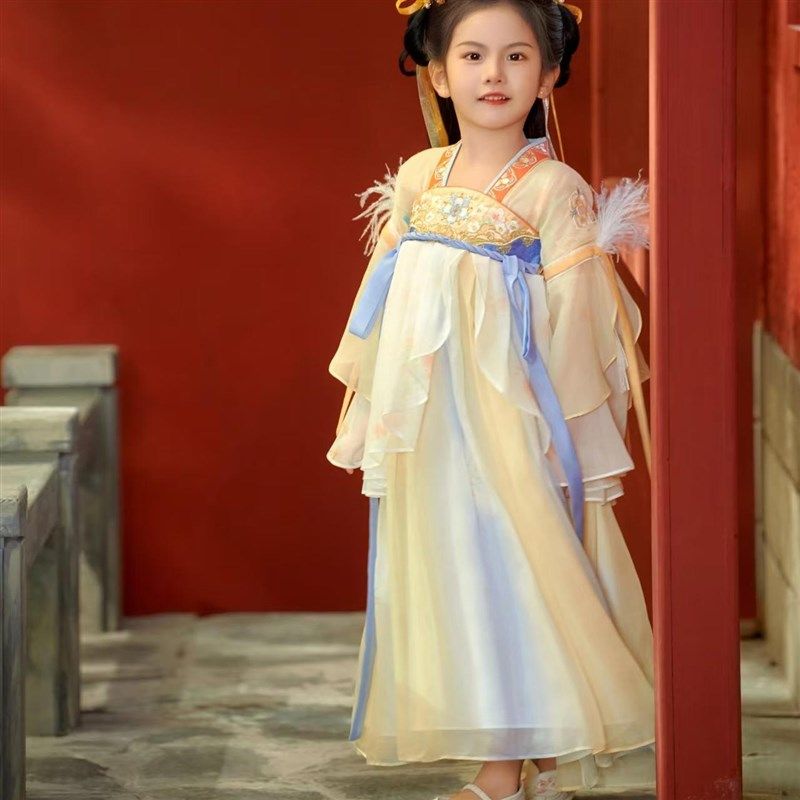 羽鹅郡主女童汉服春儿童中国风古装襦裙女宝唐朝连衣裙荷叶袖破裙