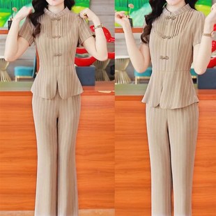 新款 上衣微喇叭裤 时尚 女显瘦国风盘扣短袖 两件套 气质遮肚套装 夏季