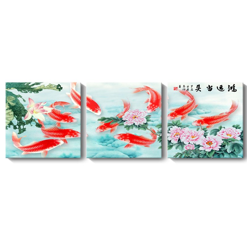 厂家三联装饰画 锦鲤九鱼图酒店会所M店面家装客厅无框挂画图片