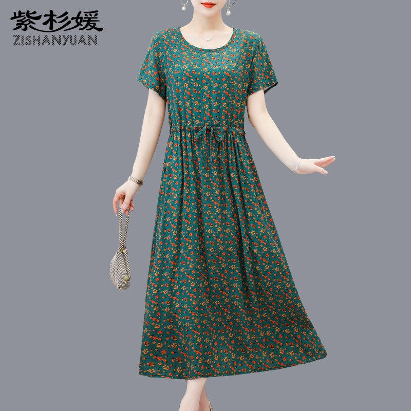 洋气减龄中年女妈妈装夏季碎花棉绸连衣裙长裙过膝及踝50岁中老年