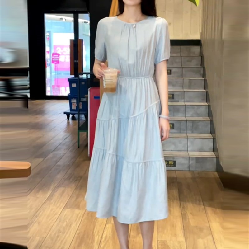 法式复古连衣裙女新款夏季气质优雅小清新肌理感显瘦短袖中长裙子