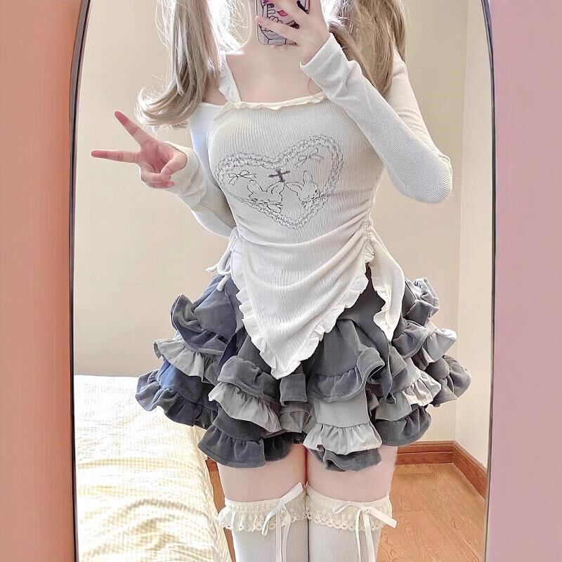大码胖mm300斤女装早秋穿搭套装气质长袖上衣半身蛋糕短裙两件套