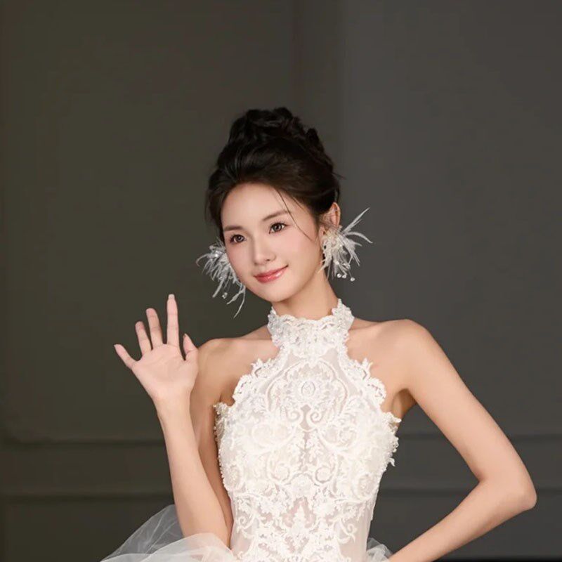 新款新娘仙美羽毛耳夹耳环婚纱晨袍礼服韩式减龄耳饰走秀晚宴配饰