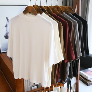 穿出好身材~半高领T恤女中袖打底衫内搭韩版薄款上衣春秋新款外穿