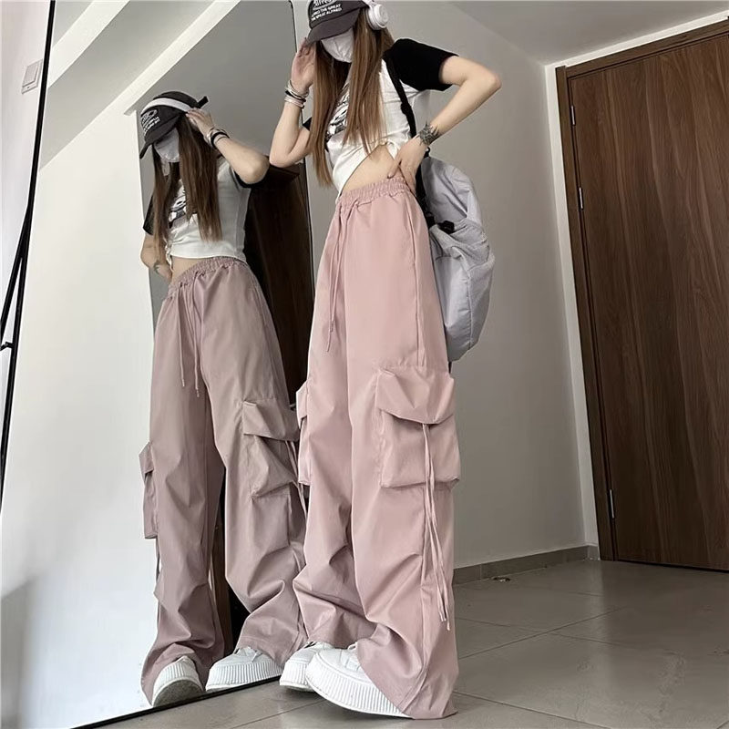 美式速干工装裤女夏季高腰阔腿设计感小众宽松学生休闲直筒长裤潮