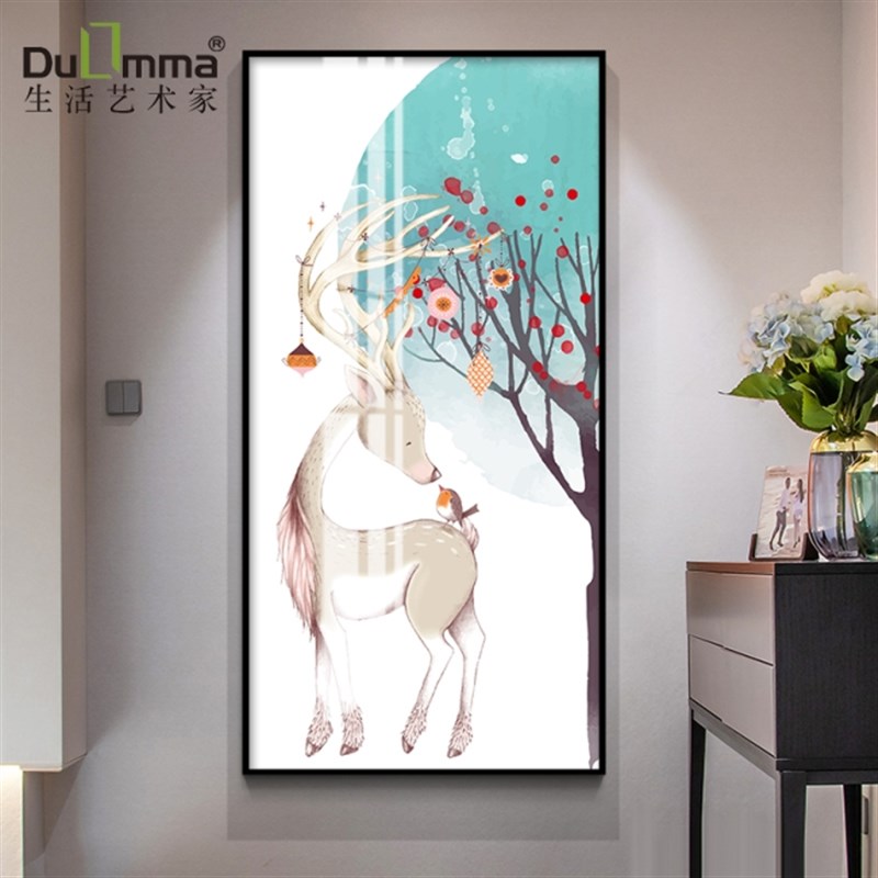 现代简约走廊过道装饰画北欧入y户门玄关儿童房背景竖版卡通鹿挂图片