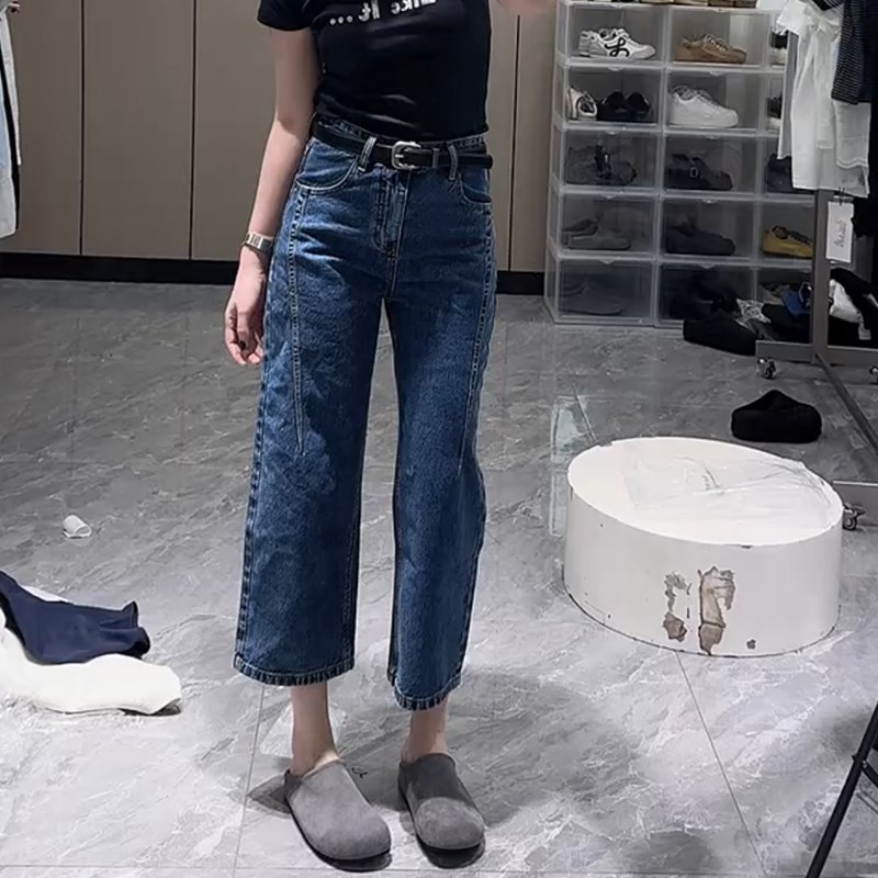 梨型身材裤子大码高腰牛仔蓝直筒牛仔裤女春夏胖mm宽松显瘦九分裤