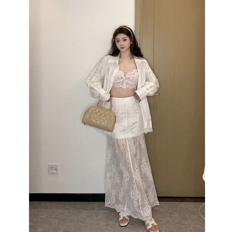 辣妹设计感拼接蕾丝长袖白色防晒衬衫短款吊带高腰透感半身裙套装