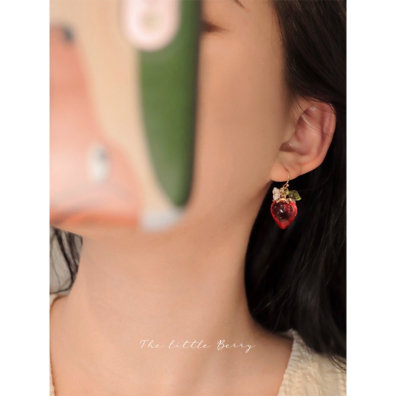 野菓子《冰糖草莓》新款红色水果耳环日系可爱小清新耳饰女无耳洞