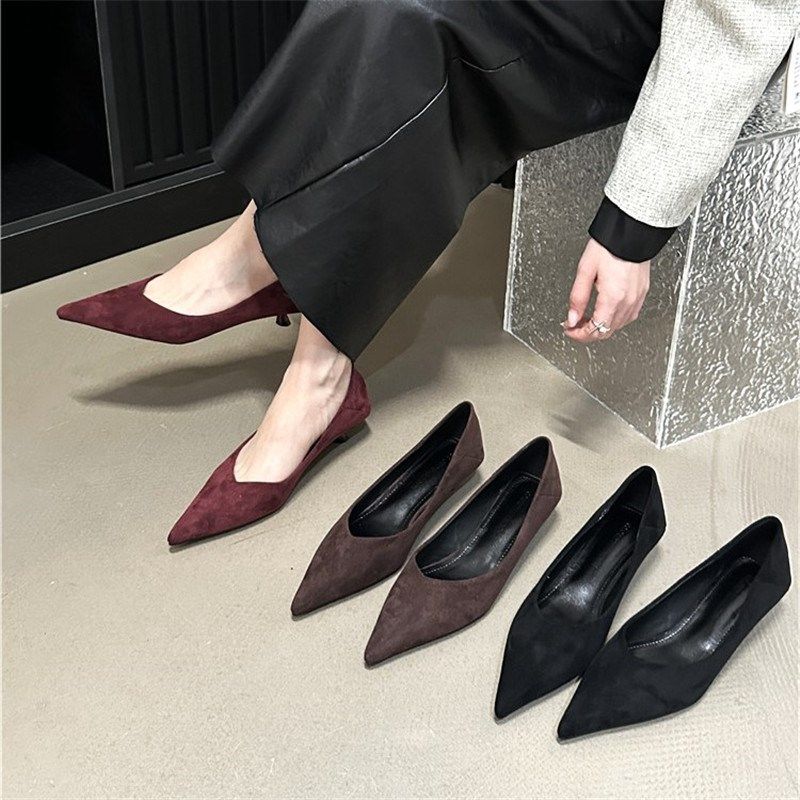 2024年春季新款尖头黑色绒面细跟高跟鞋女猫跟浅口单鞋职业工作鞋,女鞋,浅口单鞋,淘宝优惠券,粉丝福利购,淘宝优惠卷