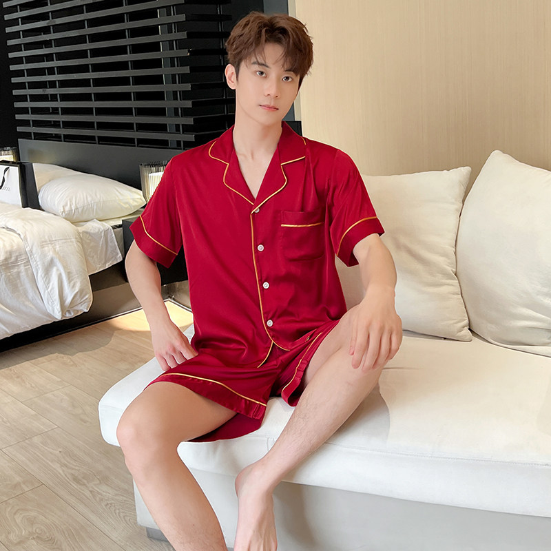 男士睡衣夏季2025新款冰丝短袖短裤套装薄款红色本命年家居服青年