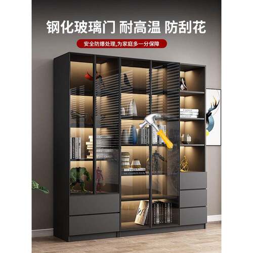 满墙展示柜书柜带玻璃门储物柜一体家用客厅防尘书架组合置物架