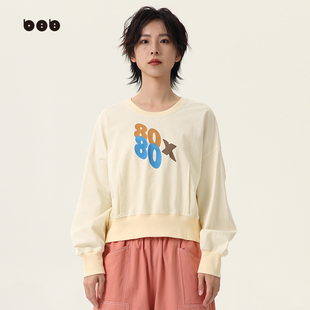 商场同款 新品 白目自圆领长袖 女2024春装 百搭宽松上衣 拼色t恤