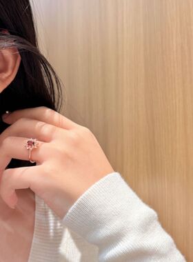 s925纯银针天然石榴石耳钉女小众设计感轻奢食指戒本命年配饰套装