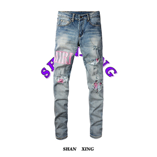 AMR新款 粉色潮流破洞重工LOGO刺绣欧美高街做旧复古弹力牛仔裤