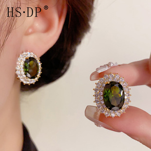 韩式时尚高级感微镶锆石祖母绿椭圆耳钉个性复古夸张开口戒指环