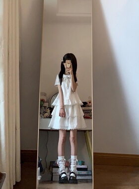 可爱学院风娃娃领白色连衣裙女夏季新款别致花边显瘦气质蛋糕短裙