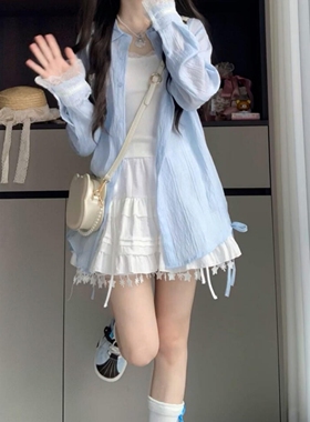 甜美小个子蓝色防晒衬衫蕾丝拼接吊带上衣蝴蝶结半身裙三件套装女