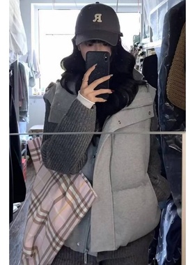 美式复古2025冬季新款加厚保暖翻领棉服马甲灰色高领开衫毛衣套装